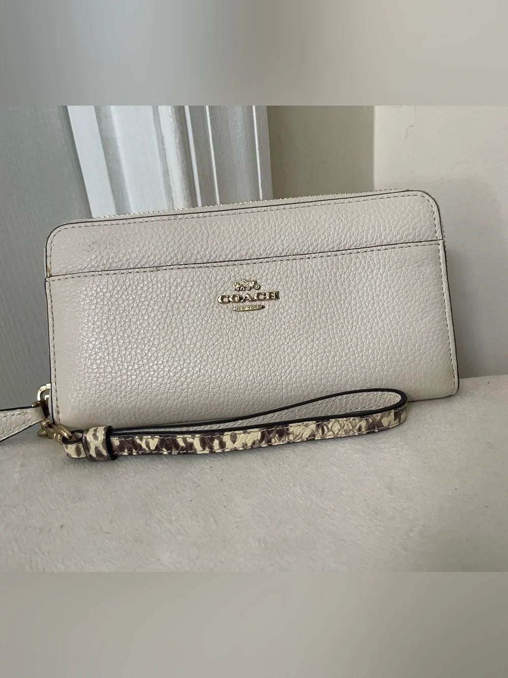 Coach Pebbled Leather Wristlet in Cream with Gold Logo
